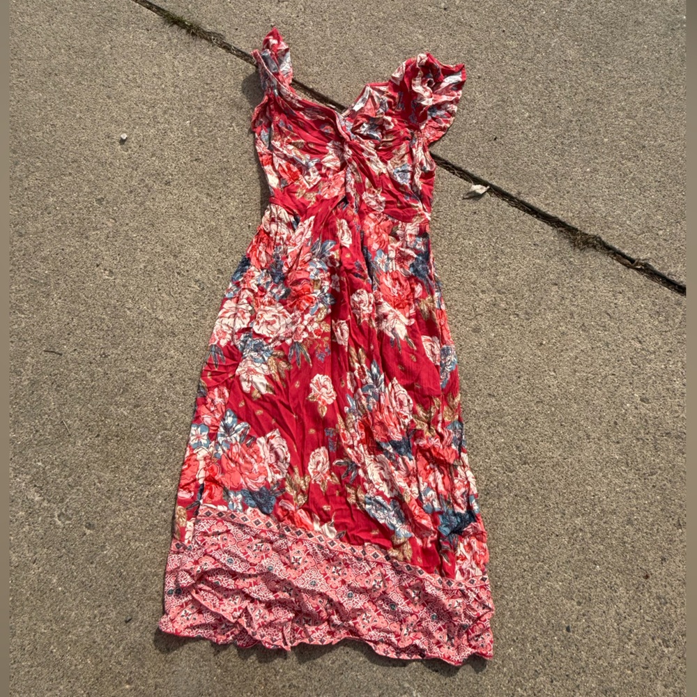 Angie Red/Coral Floral Sundress with Blue and Cream Flowers